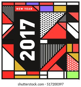 Happy New Year 2017 background. Calendar cover template. Colorful & Modern memphis style background. Greeting card vector illustration.