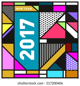 Happy New Year 2017 background. Calendar cover template. Colorful & Modern memphis style background. Greeting card vector illustration.