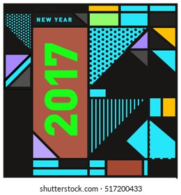 Happy New Year 2017 background. Calendar cover template. Colorful & Modern memphis style background. Greeting card vector illustration.