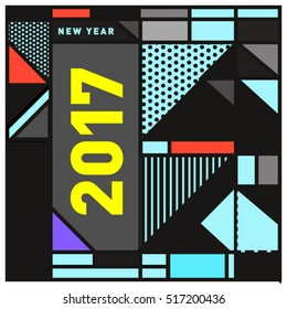 Happy New Year 2017 background. Calendar cover template. Colorful & Modern memphis style background. Greeting card vector illustration.