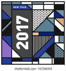 Happy New Year 2017 background. Calendar cover template. Colorful & Modern memphis style background. Greeting card vector illustration.