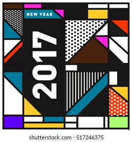 Happy New Year 2017 background. Calendar cover template. Colorful & Modern memphis style background. Greeting card vector illustration.