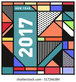 Happy New Year 2017 background. Calendar cover template. Colorful & Modern memphis style background. Greeting card vector illustration.