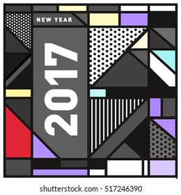 Happy New Year 2017 background. Calendar cover template. Colorful & Modern memphis style background. Greeting card vector illustration.