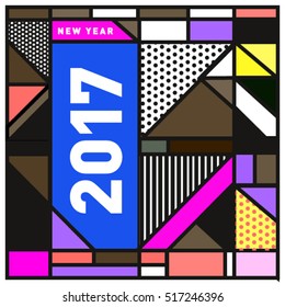 Happy New Year 2017 background. Calendar cover template. Colorful & Modern memphis style background. Greeting card vector illustration.