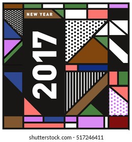 Happy New Year 2017 background. Calendar cover template. Colorful & Modern memphis style background. Greeting card vector illustration.
