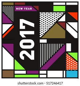 Happy New Year 2017 background. Calendar cover template. Colorful & Modern memphis style background. Greeting card vector illustration.