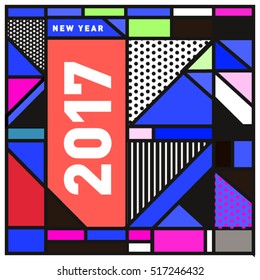 Happy New Year 2017 background. Calendar cover template. Colorful & Modern memphis style background. Greeting card vector illustration.