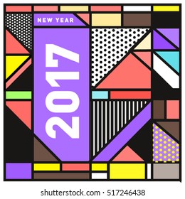 Happy New Year 2017 background. Calendar cover template. Colorful & Modern memphis style background. Greeting card vector illustration.