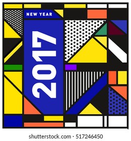 Happy New Year 2017 background. Calendar cover template. Colorful & Modern memphis style background. Greeting card vector illustration.