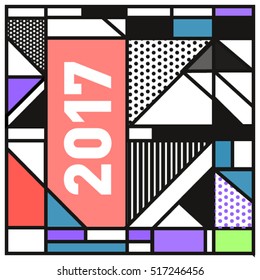 Happy New Year 2017 background. Calendar cover template. Colorful & Modern memphis style background. Greeting card vector illustration.