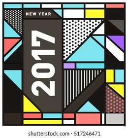 Happy New Year 2017 background. Calendar cover template. Colorful & Modern memphis style background. Greeting card vector illustration.