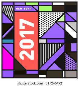 Happy New Year 2017 background. Calendar cover template. Colorful & Modern memphis style background. Greeting card vector illustration.