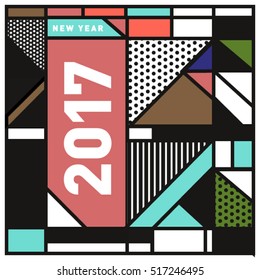 Happy New Year 2017 background. Calendar cover template. Colorful & Modern memphis style background. Greeting card vector illustration.