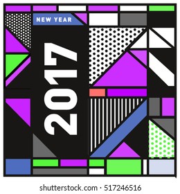 Happy New Year 2017 background. Calendar cover template. Colorful & Modern memphis style background. Greeting card vector illustration.