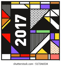 Happy New Year 2017 background. Calendar cover template. Colorful & Modern memphis style background. Greeting card vector illustration.