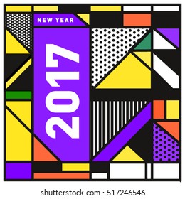 Happy New Year 2017 background. Calendar cover template. Colorful & Modern memphis style background. Greeting card vector illustration.