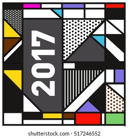 Happy New Year 2017 background. Calendar cover template. Colorful & Modern memphis style background. Greeting card vector illustration.