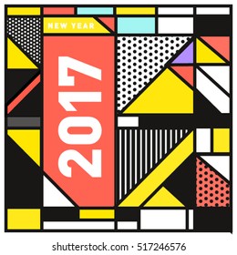 Happy New Year 2017 background. Calendar cover template. Colorful & Modern memphis style background. Greeting card vector illustration.
