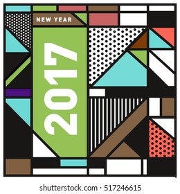 Happy New Year 2017 background. Calendar cover template. Colorful & Modern memphis style background. Greeting card vector illustration.