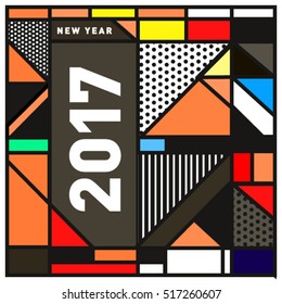 Happy New Year 2017 background. Calendar cover template. Colorful & Modern memphis style background. Greeting card vector illustration.