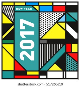 Happy New Year 2017 background. Calendar cover template. Colorful & Modern memphis style background. Greeting card vector illustration.