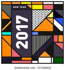 Happy New Year 2017 background. Calendar cover template. Colorful & Modern memphis style background. Greeting card vector illustration.