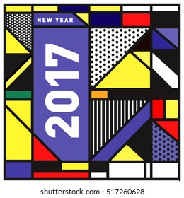 Happy New Year 2017 background. Calendar cover template. Colorful & Modern memphis style background. Greeting card vector illustration.
