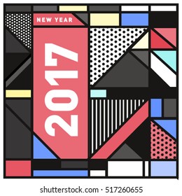 Happy New Year 2017 background. Calendar cover template. Colorful & Modern memphis style background. Greeting card vector illustration.