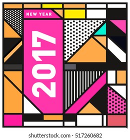 Happy New Year 2017 background. Calendar cover template. Colorful & Modern memphis style background. Greeting card vector illustration.