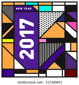 Happy New Year 2017 background. Calendar cover template. Colorful & Modern memphis style background. Greeting card vector illustration.