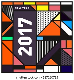 Happy New Year 2017 background. Calendar cover template. Colorful & Modern memphis style background. Greeting card vector illustration.