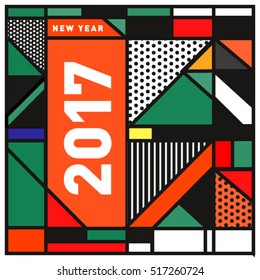 Happy New Year 2017 background. Calendar cover template. Colorful & Modern memphis style background. Greeting card vector illustration.