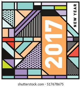 Happy New Year 2017 background. Calendar cover template. Colorful & Modern memphis style background. Greeting card vector illustration.