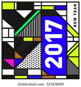 Happy New Year 2017 background. Calendar cover template. Colorful & Modern memphis style background. Greeting card vector illustration.