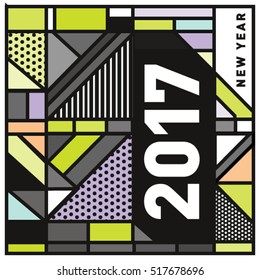 Happy New Year 2017 background. Calendar cover template. Colorful & Modern memphis style background. Greeting card vector illustration.