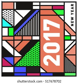 Happy New Year 2017 background. Calendar cover template. Colorful & Modern memphis style background. Greeting card vector illustration.