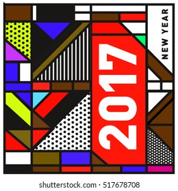 Happy New Year 2017 background. Calendar cover template. Colorful & Modern memphis style background. Greeting card vector illustration.