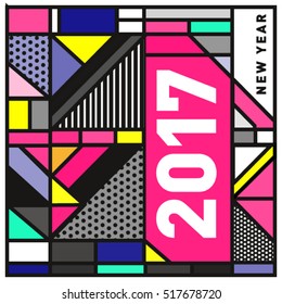 Happy New Year 2017 background. Calendar cover template. Colorful & Modern memphis style background. Greeting card vector illustration.