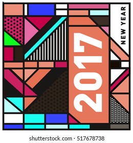 Happy New Year 2017 background. Calendar cover template. Colorful & Modern memphis style background. Greeting card vector illustration.