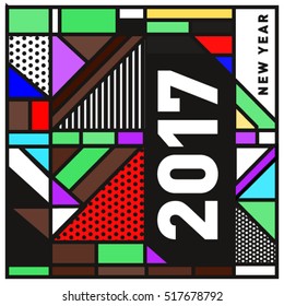 Happy New Year 2017 background. Calendar cover template. Colorful & Modern memphis style background. Greeting card vector illustration.