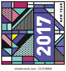 Happy New Year 2017 background. Calendar cover template. Colorful & Modern memphis style background. Greeting card vector illustration.