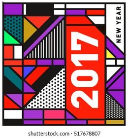 Happy New Year 2017 background. Calendar cover template. Colorful & Modern memphis style background. Greeting card vector illustration.