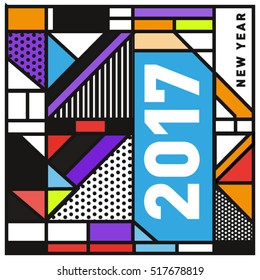 Happy New Year 2017 background. Calendar cover template. Colorful & Modern memphis style background. Greeting card vector illustration.