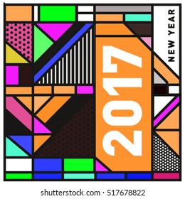 Happy New Year 2017 background. Calendar cover template. Colorful & Modern memphis style background. Greeting card vector illustration.