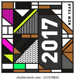 Happy New Year 2017 background. Calendar cover template. Colorful & Modern memphis style background. Greeting card vector illustration.