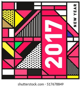 Happy New Year 2017 background. Calendar cover template. Colorful & Modern memphis style background. Greeting card vector illustration.