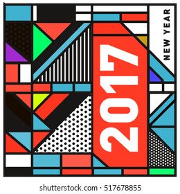 Happy New Year 2017 background. Calendar cover template. Colorful & Modern memphis style background. Greeting card vector illustration.