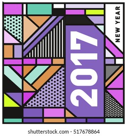 Happy New Year 2017 background. Calendar cover template. Colorful & Modern memphis style background. Greeting card vector illustration.