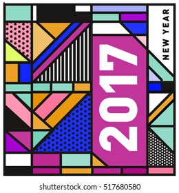 Happy New Year 2017 background. Calendar cover template. Colorful & Modern memphis style background. Greeting card vector illustration.